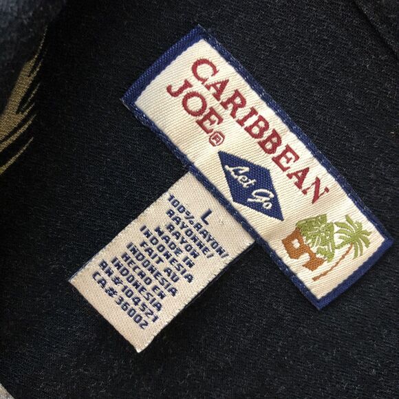 Caribbean Joe Black Rayon/Polyester Loop Button Palm Flower Hawaiian Shirt L - Picture 4 of 8